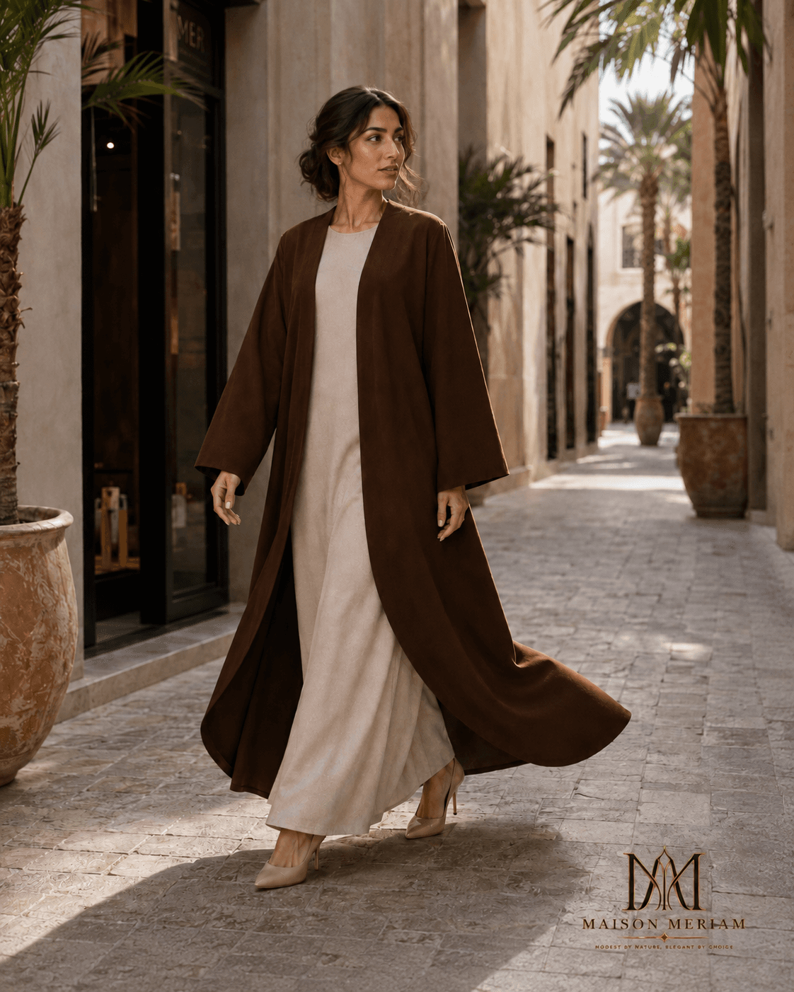 موديل ترتدي عباية غيمة البنية أثناء المشي — انسياب القماش